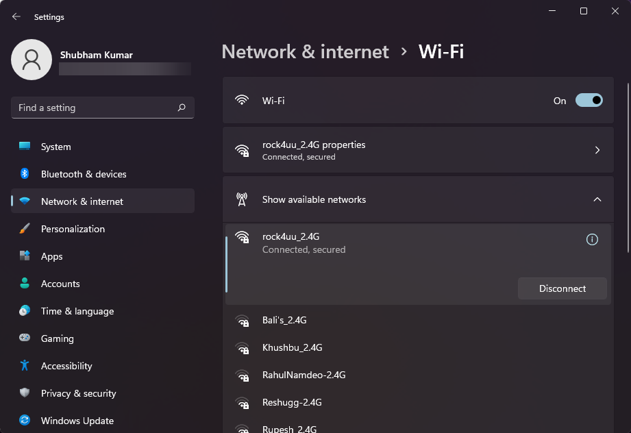 Список доступных сетей Wi‑Fi в Windows