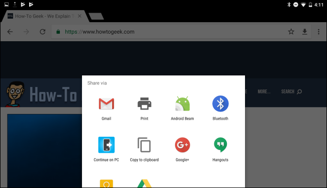 Меню Поделиться в Chrome на Android с опцией Continue on PC
