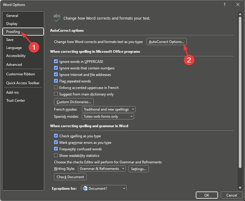 Параметры автозамены для включения Copilot