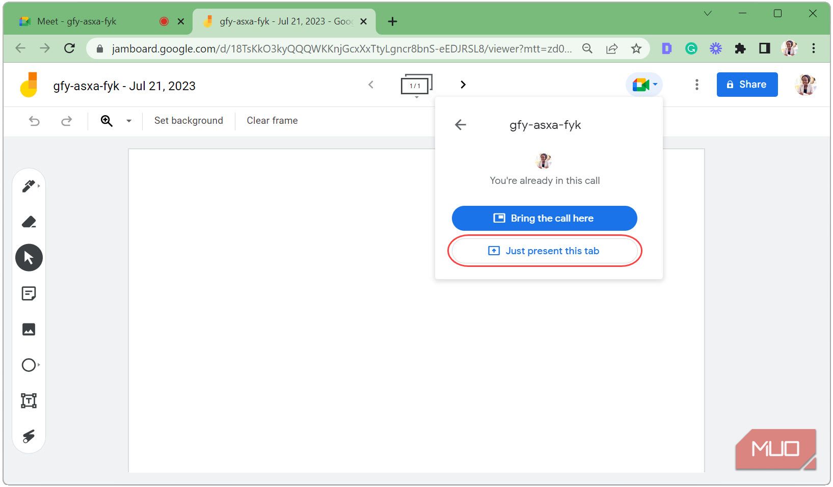 Выбрать Только показать эту вкладку из Jamboard