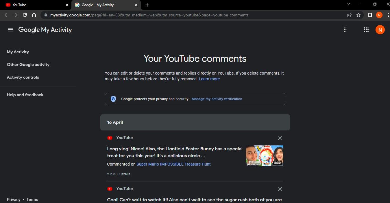 История комментариев YouTube на странице «Мои действия»