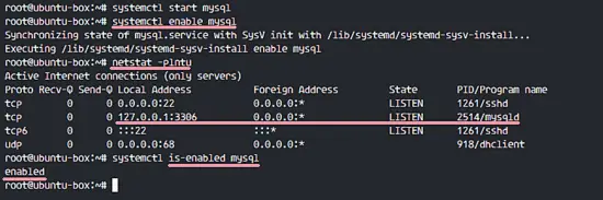 Captura de tela: serviço MySQL ativado no Ubuntu