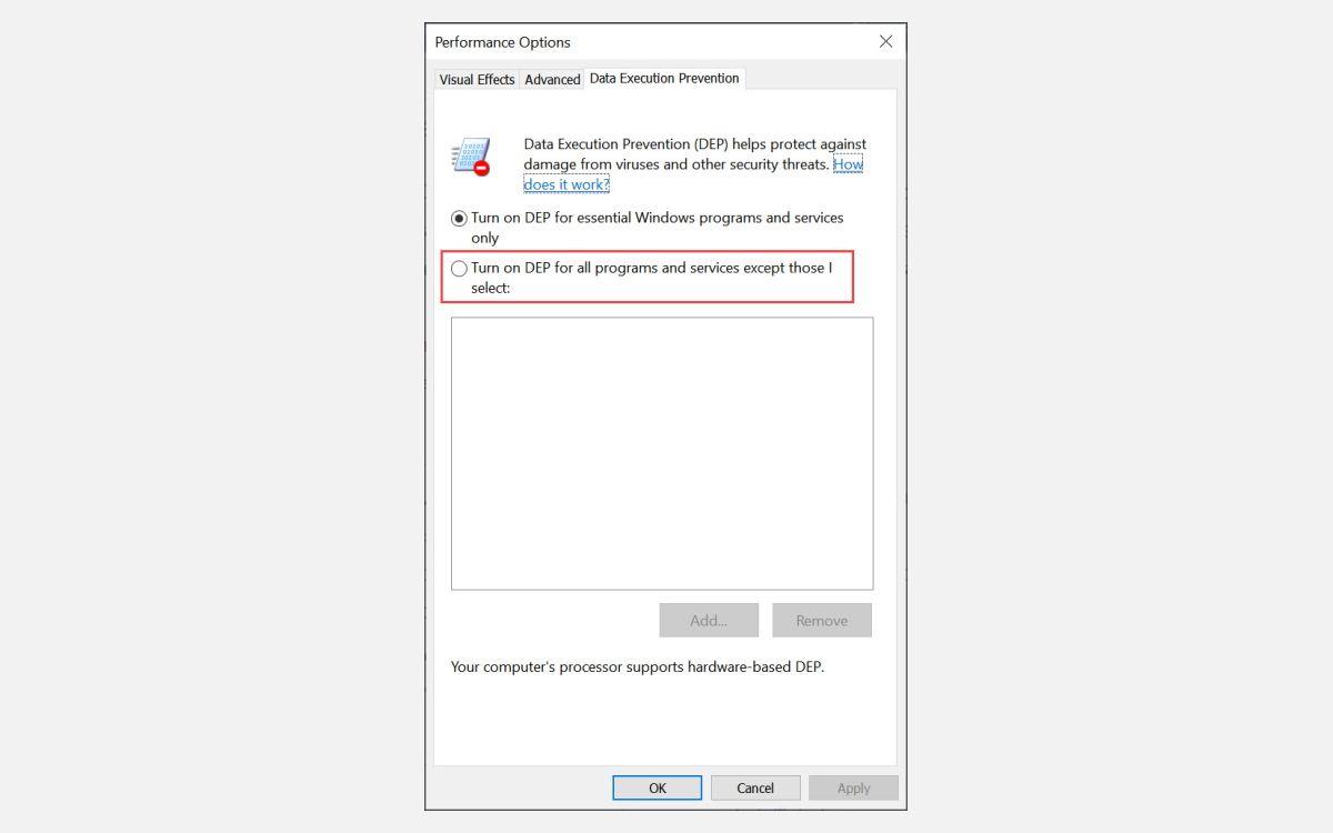 turn on dep for all programs with exception