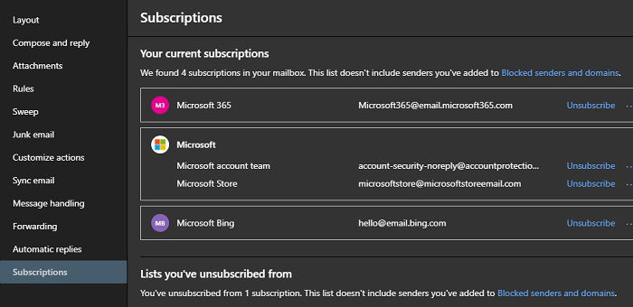 Управление подписками в Outlook