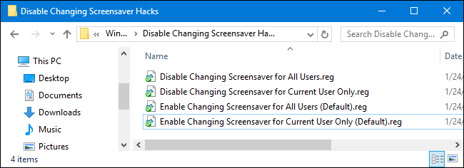 Архив с реестровыми хаковыми файлами для блокировки заставки