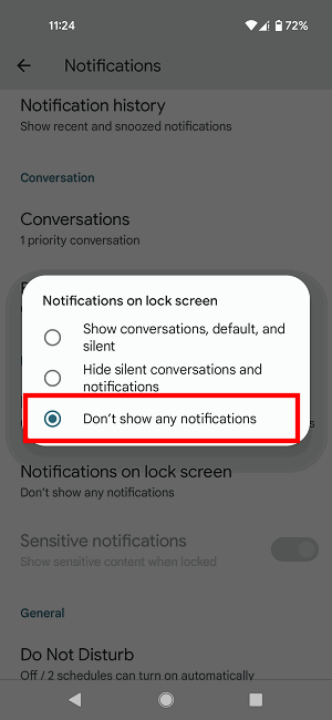 Выбор «Не показывать уведомления» на Pixel