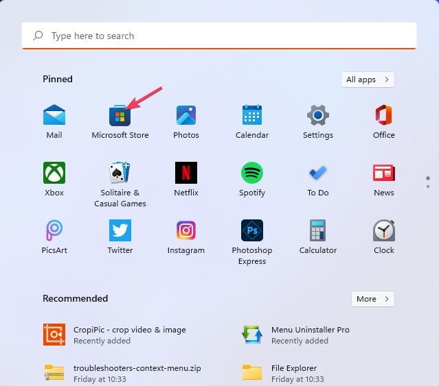 Ярлык Microsoft Store для переустановки Snipping Tool в Windows 11
