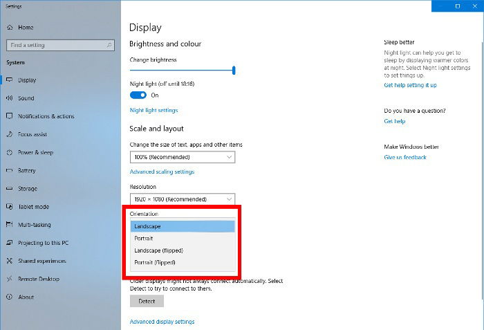 Выбор ориентации экрана в параметрах Windows 10