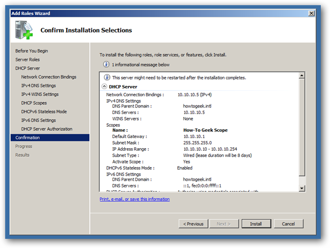 Подтверждение установки роли DHCP