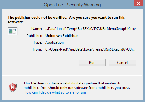 Предупреждение об неизвестном издателе