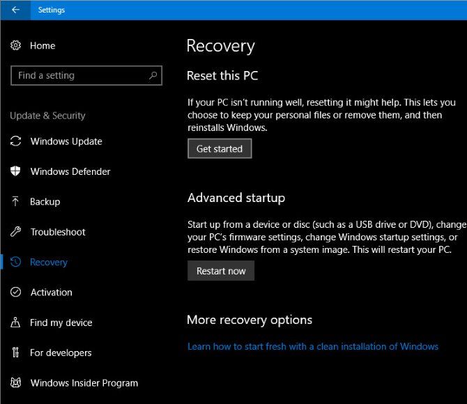 Recover Windows 10 by using Reset this PC