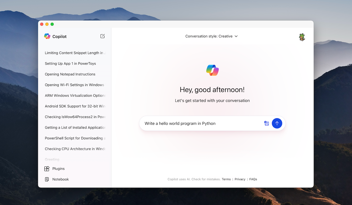 Скриншот веб‑приложения Copilot на Mac.