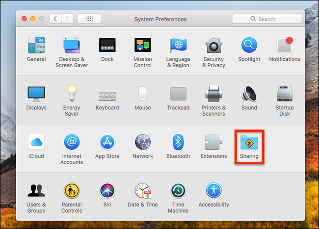 Окно Системные настройки — Общий доступ