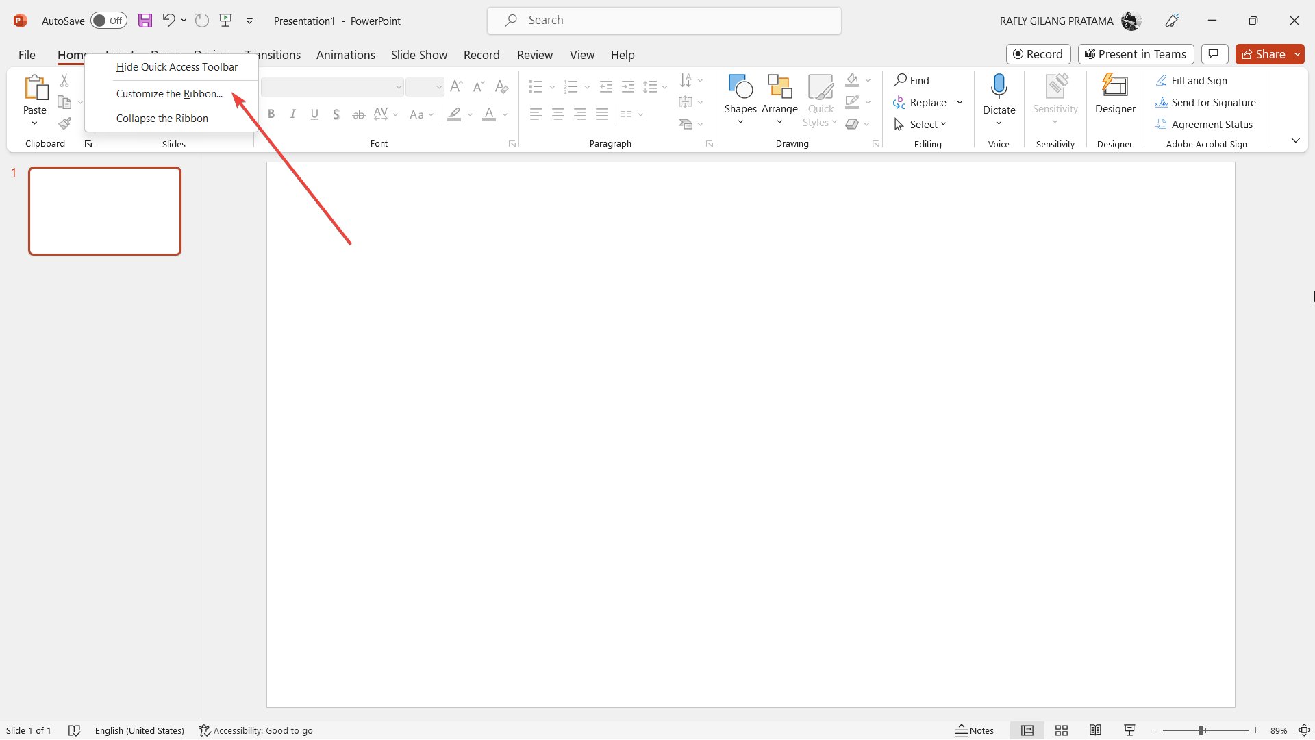 Окно настройки ленты в PowerPoint