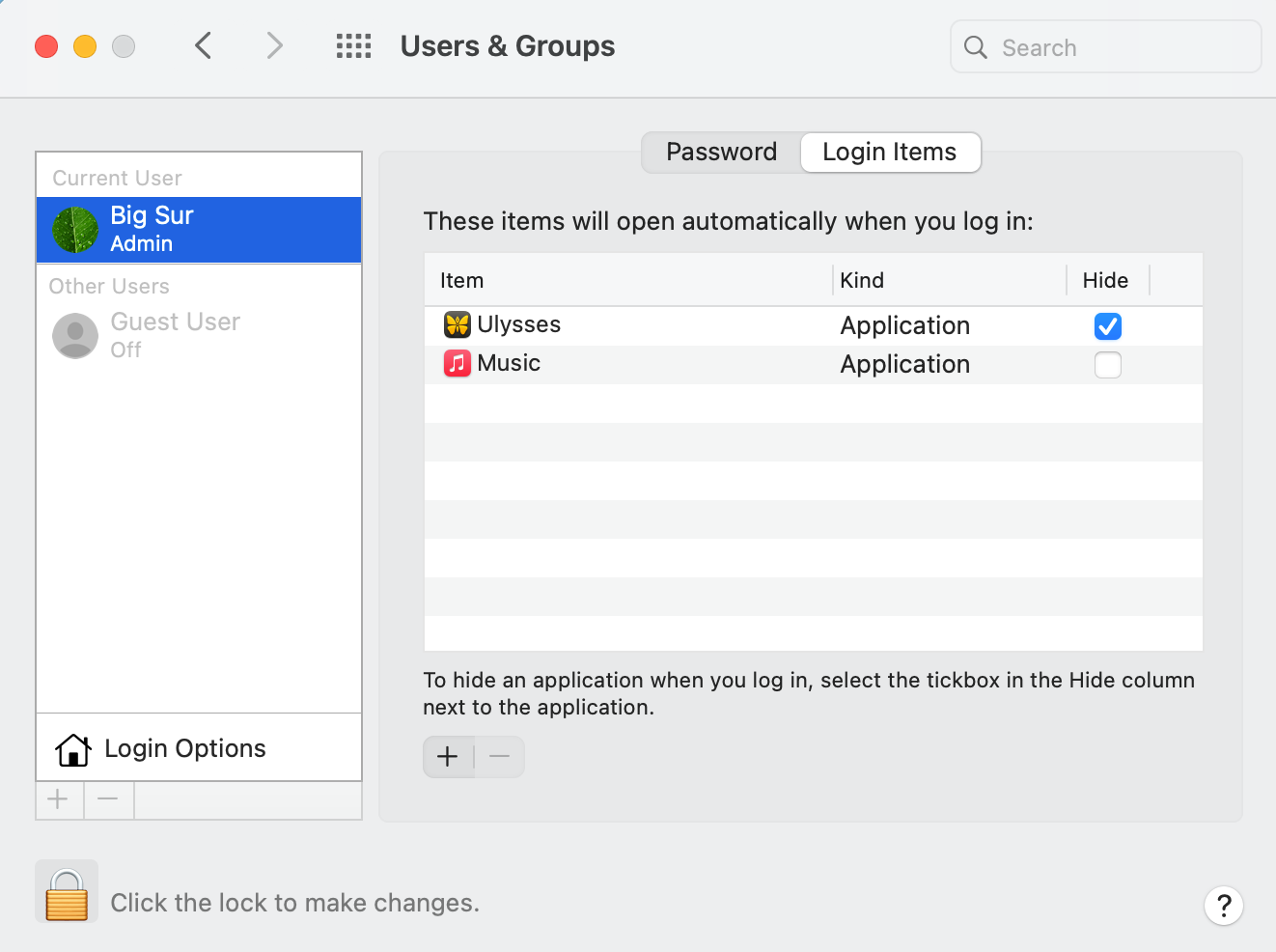 Click the + icon to add apps that start when you log in on Mac