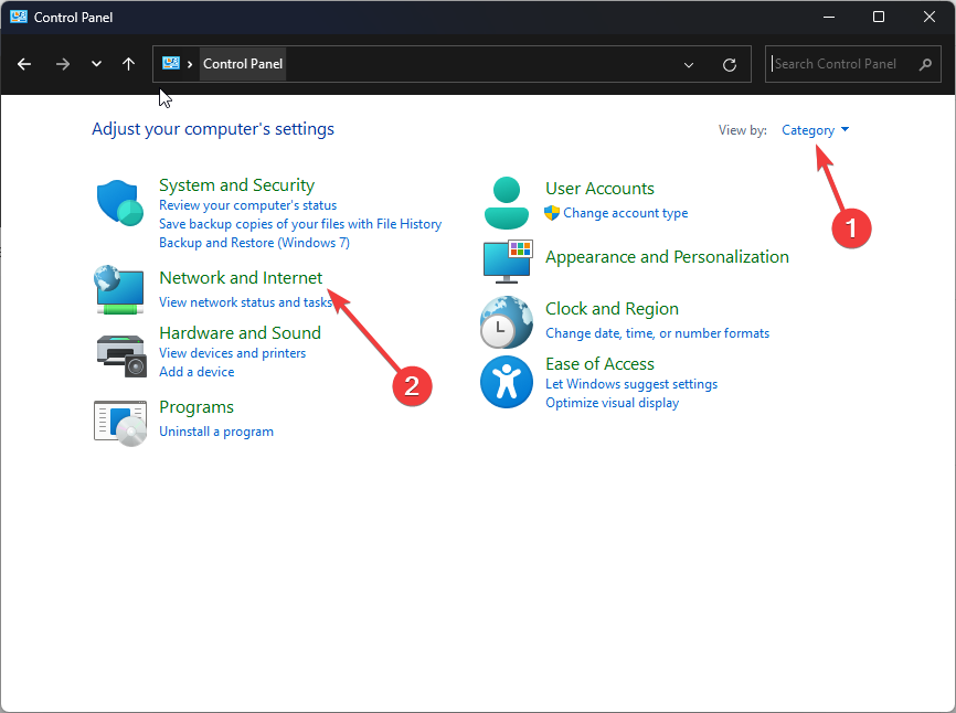 Раздел «Сеть и Интернет» в Панели управления
