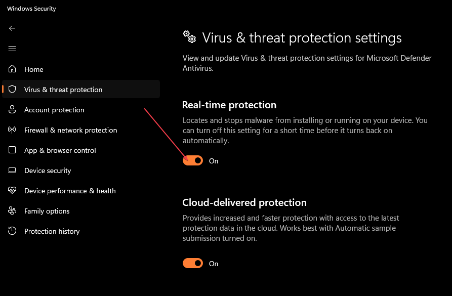 Кнопка включения Защиты в реальном времени в Безопасности Windows