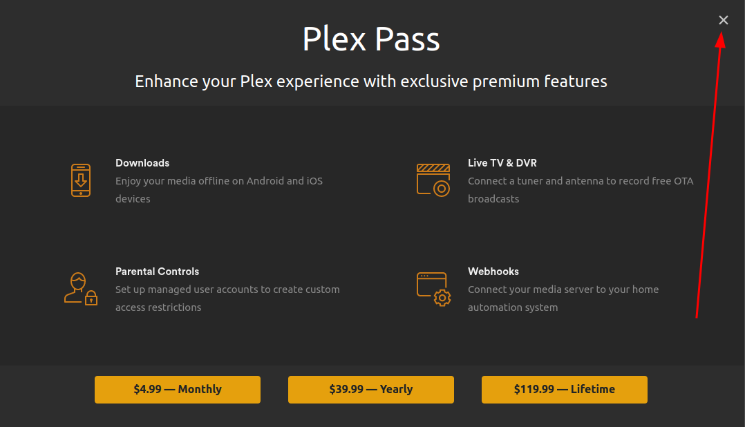 A Plex web UI webpage displaying the benefits of Plex Pass and the different monthly plans
