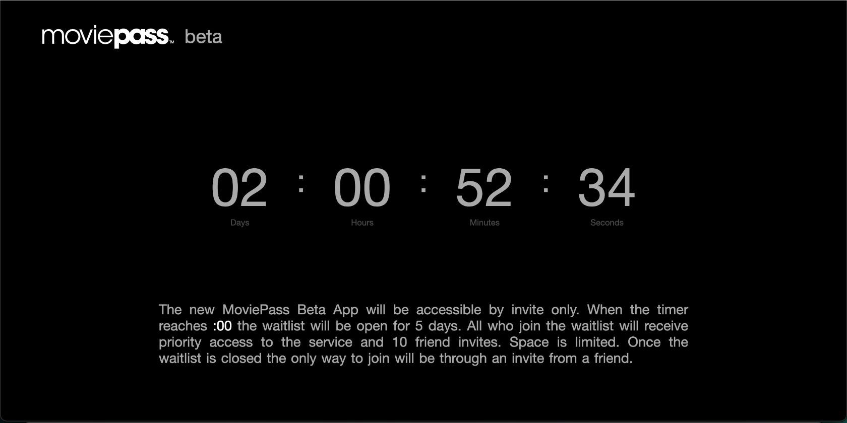 Скриншот сайта MoviePass с обратным отсчётом