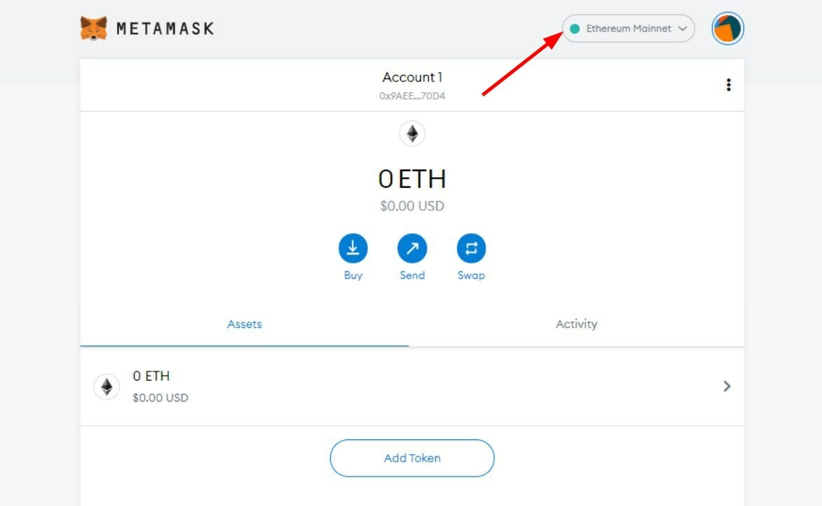 Выбор сети в MetaMask