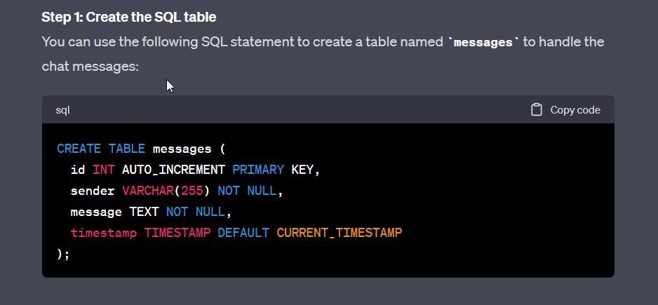 SQL для создания таблицы сообщений