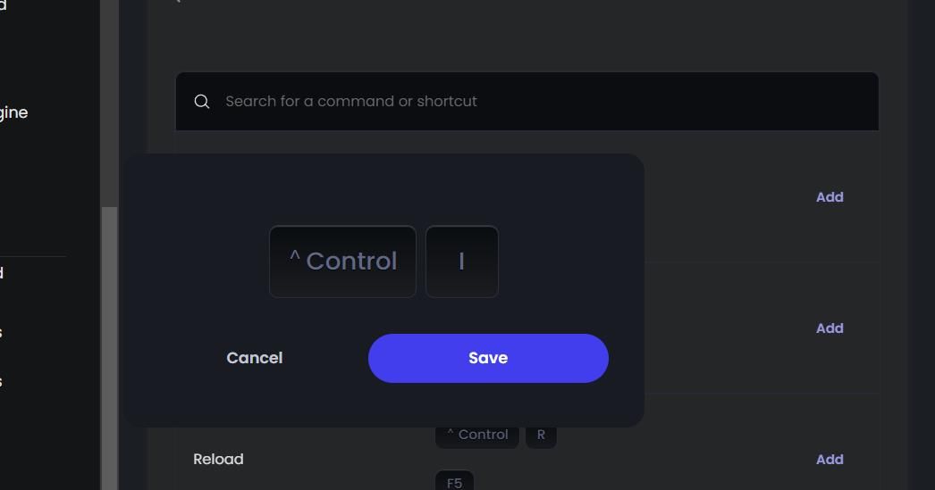Опция «Сохранить» для пользовательской горячей клавиши