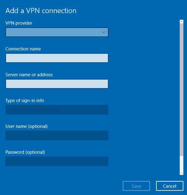 Выбор поставщика VPN: Windows (встроенный)