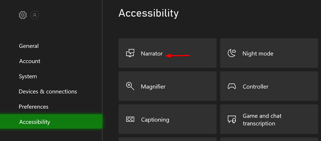 Настройки Narrator на Xbox, переключатель выключен