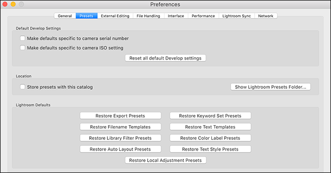 Открыть папку предустановок Lightroom