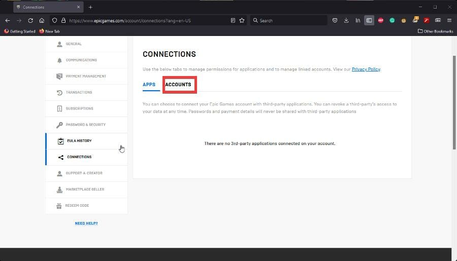 Раздел Accounts со списком подключений