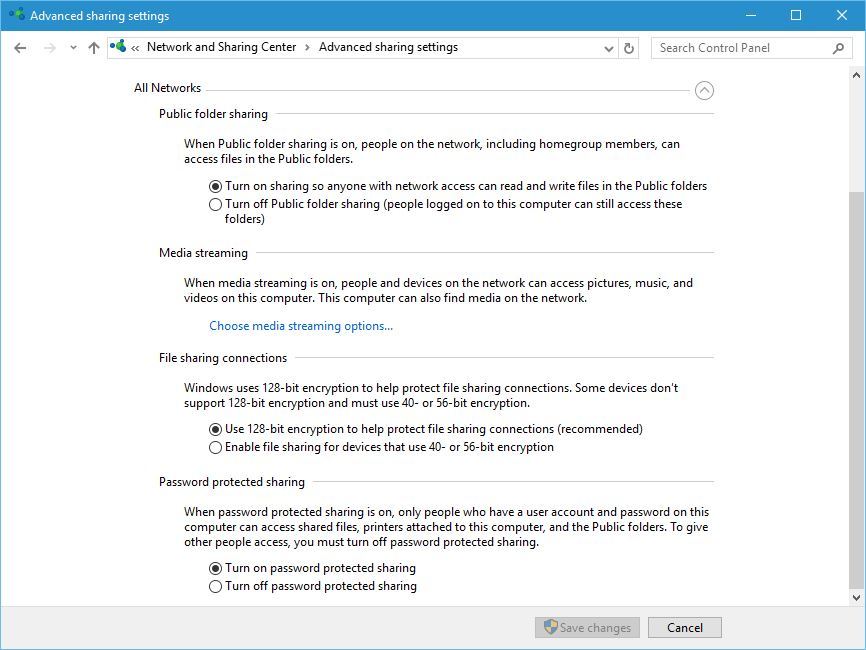 Опция включения общего доступа к папке Public для всех сетей