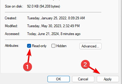 Окно свойств файла services с установленным Только чтение
