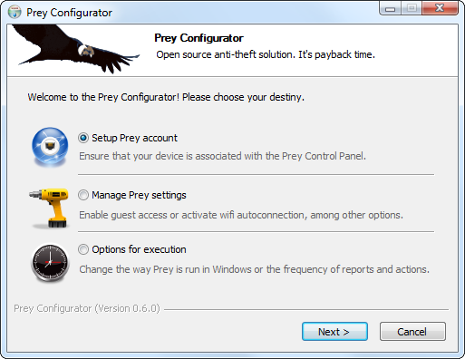 Ярлык Configure Prey в меню Пуск Windows