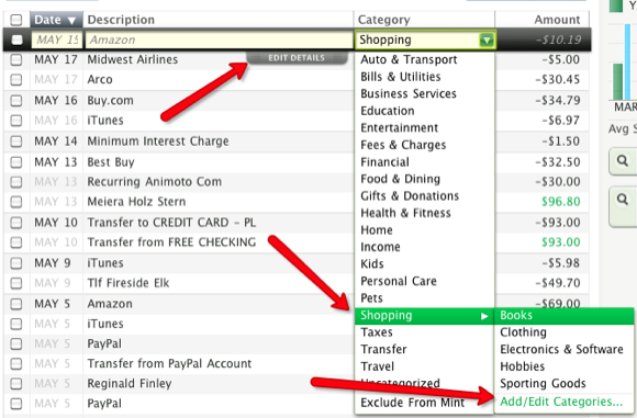 Скриншот страницы транзакций Mint с выделением транзакции