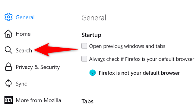 Выберите «Поиск» в левой панели.