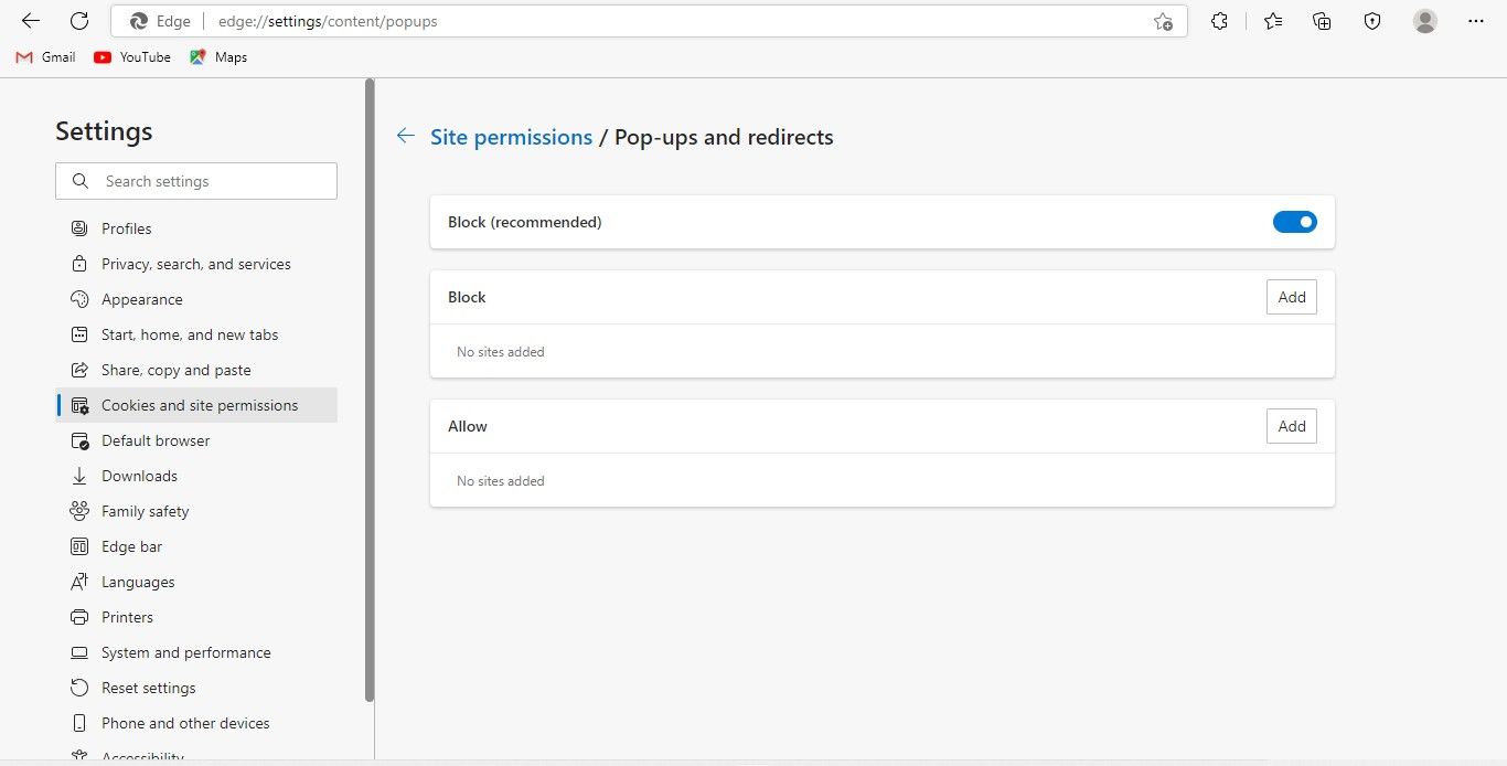 Включение блокировки всплывающих окон в настройках Microsoft Edge