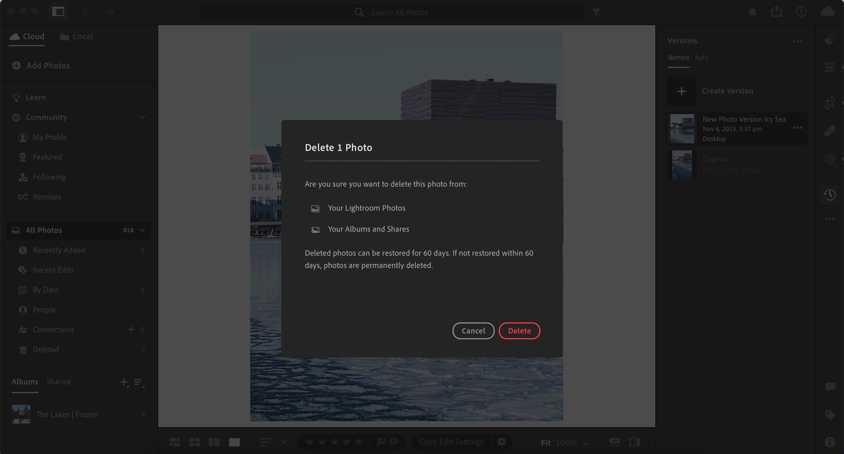 Окно подтверждения удаления версии в Lightroom CC