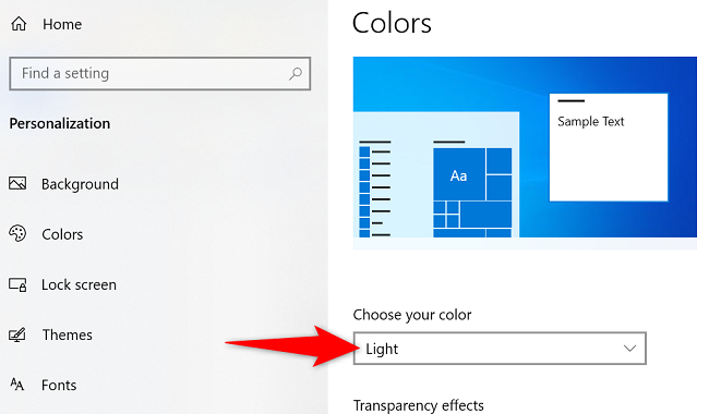 Выберите «Светлый» в выпадающем меню.