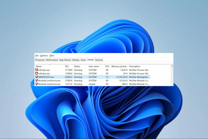 MMSSHost.exe — высокая нагрузка памяти (McAfee)
