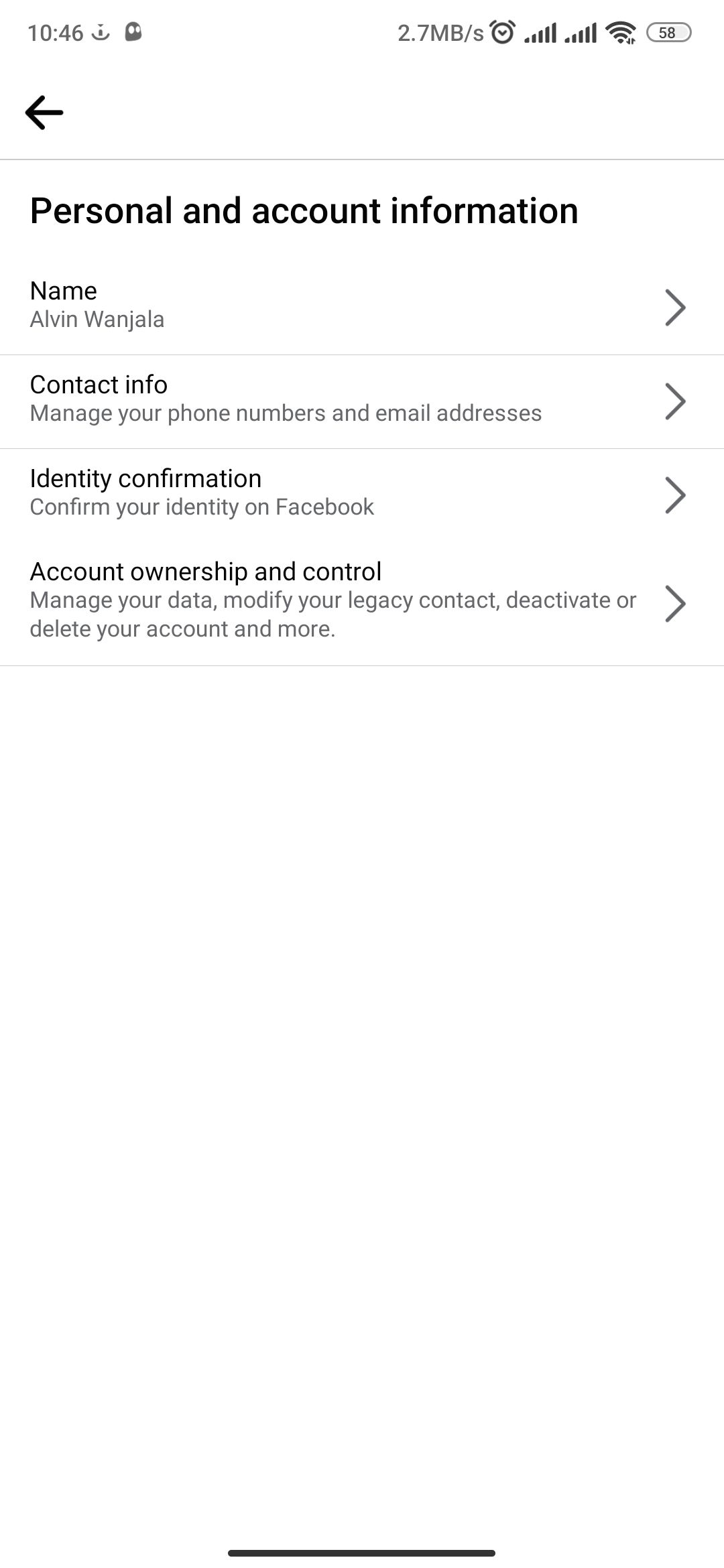 Страница личной информации аккаунта Facebook на Android