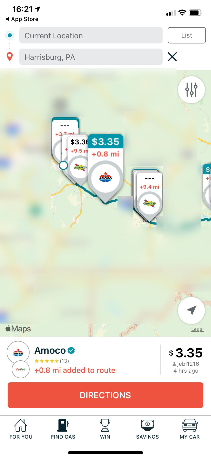 GasBuddy: карта заправок вдоль маршрута