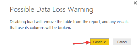 Диалог с предупреждением об удалении таблицы при отключении загрузки