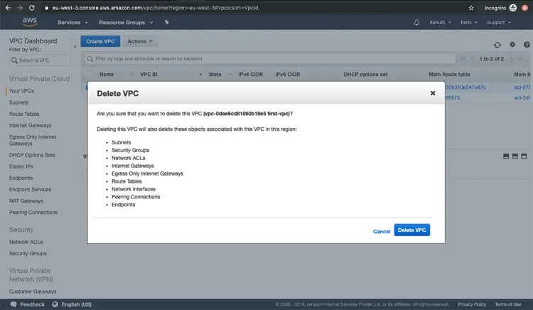 Подтверждение удаления VPC и связанных ресурсов
