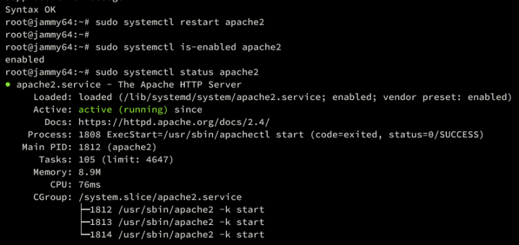 Проверка статуса службы apache2