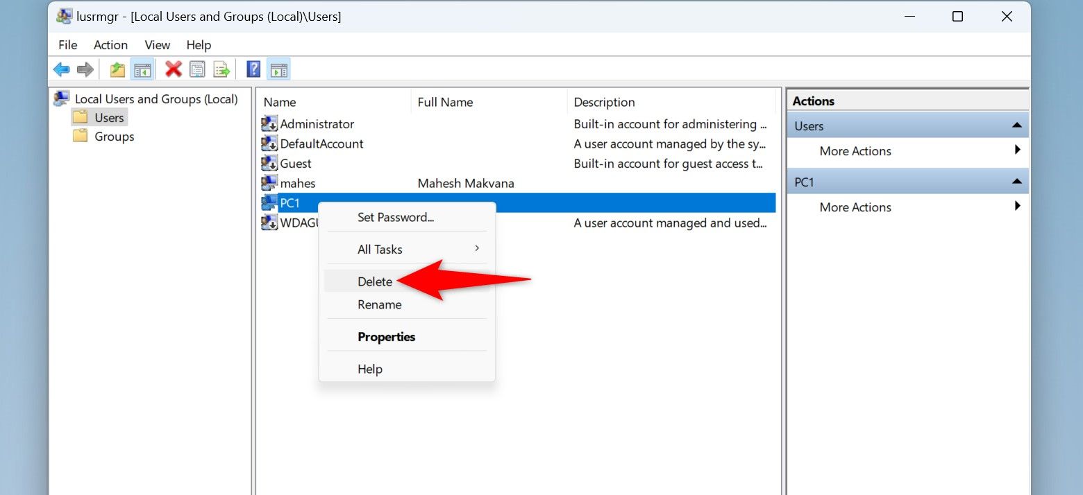 Кнопка удаления учётной записи в lusrmgr.