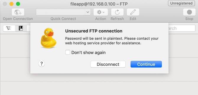 Unsecured FTP warning in CyberDuck