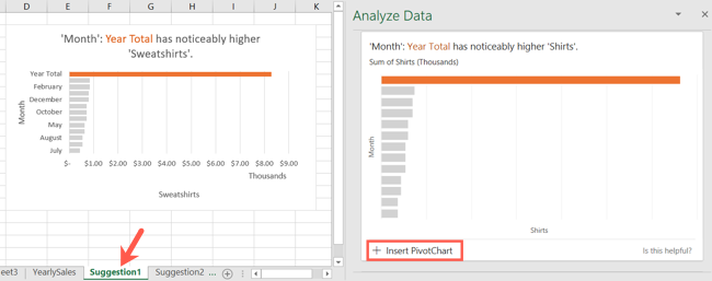 Вставленная предложением сводная диаграмма на новом листе