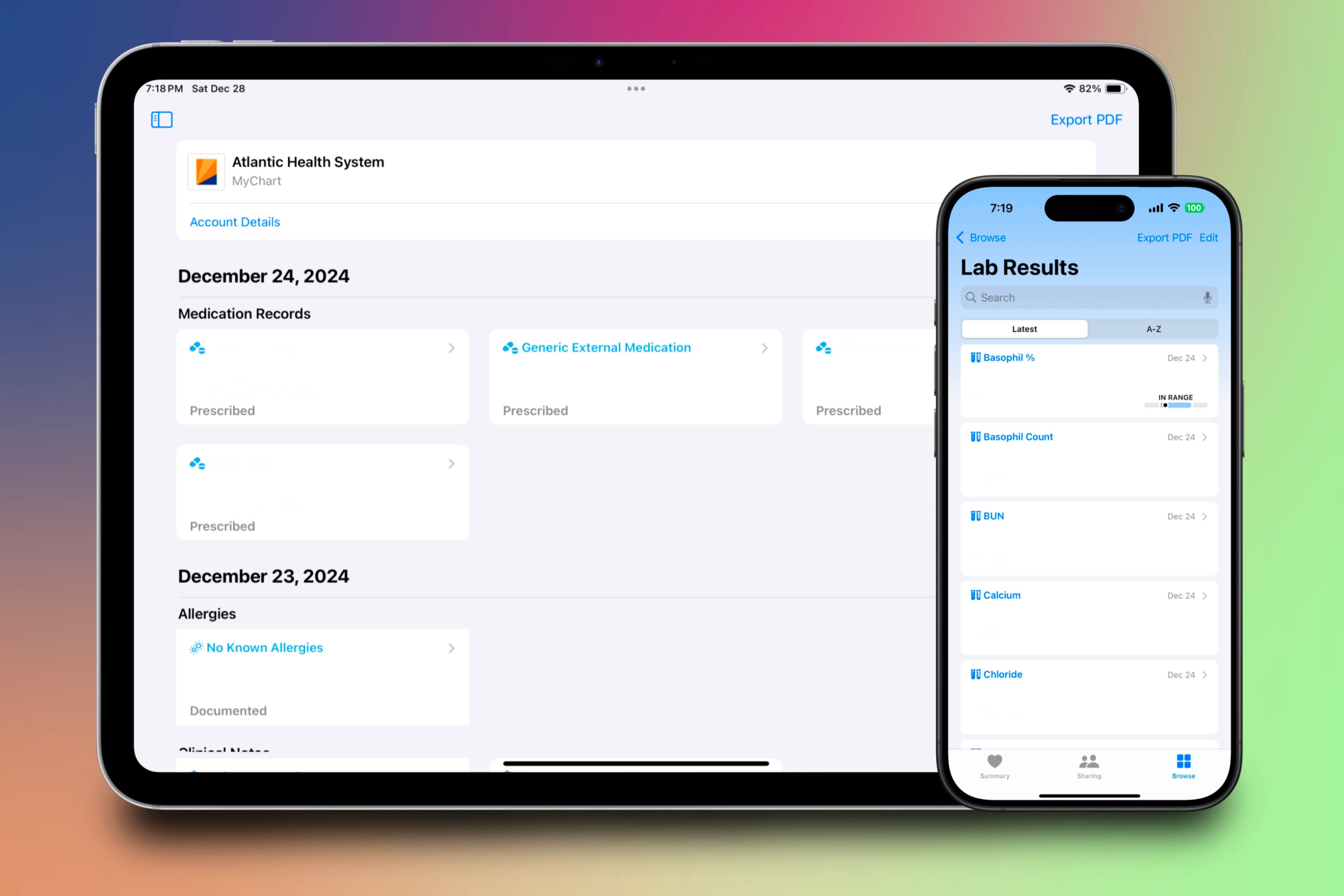 Просмотр импортированных витальных показателей в приложении Apple Health на iPad и iPhone с цветным фоном.