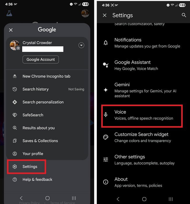 Выбор раздела Голос в настройках приложения Google.