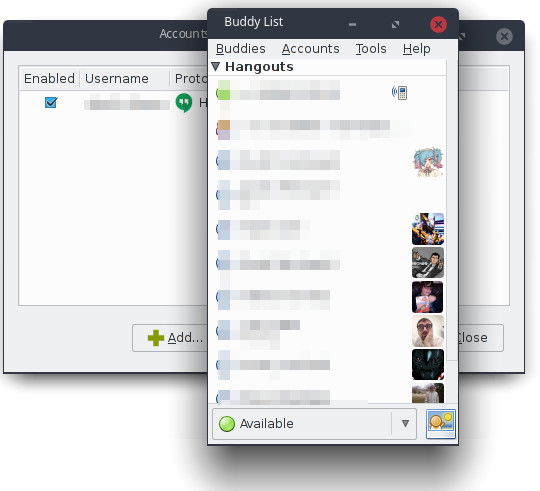 Список контактов Hangouts в Pidgin
